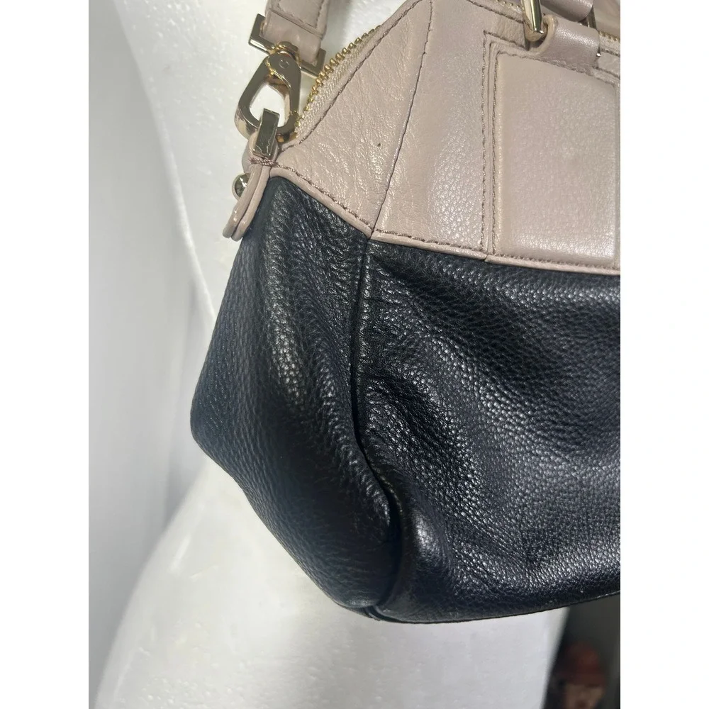 Kate Spade New York Pebble Leather Two Tone Satchel Handbag Black Beige Gold#256